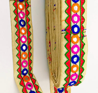 Beige And Red Indian Mirror Trim Kutch Embroidered Navratri Garba Dress Trim Bridal Lace, Sari Border 30 mm Wide Trim Per 3 Yards